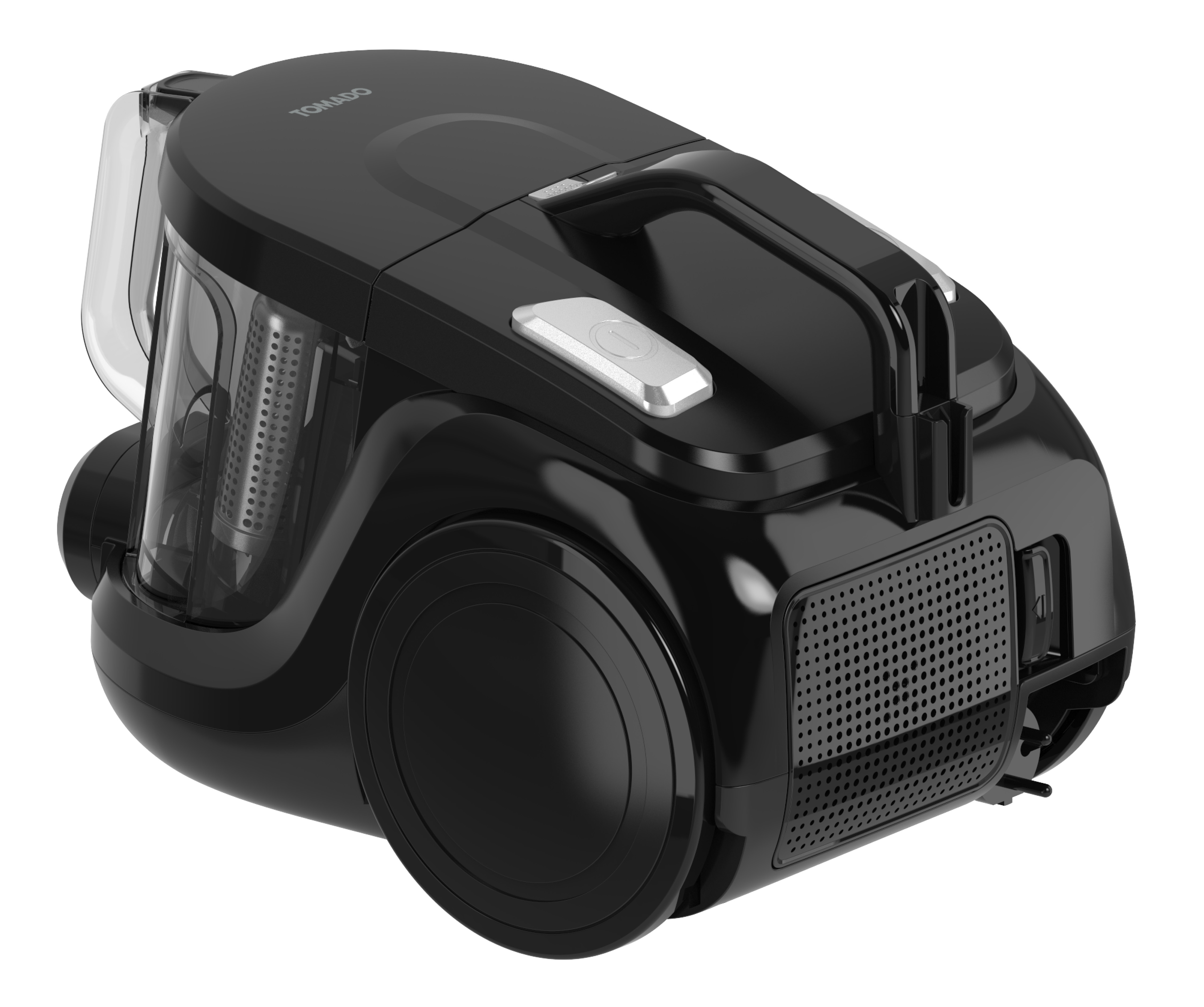 Black vacuum cleaner. It is a Tornado brand. It has a clear dust container.