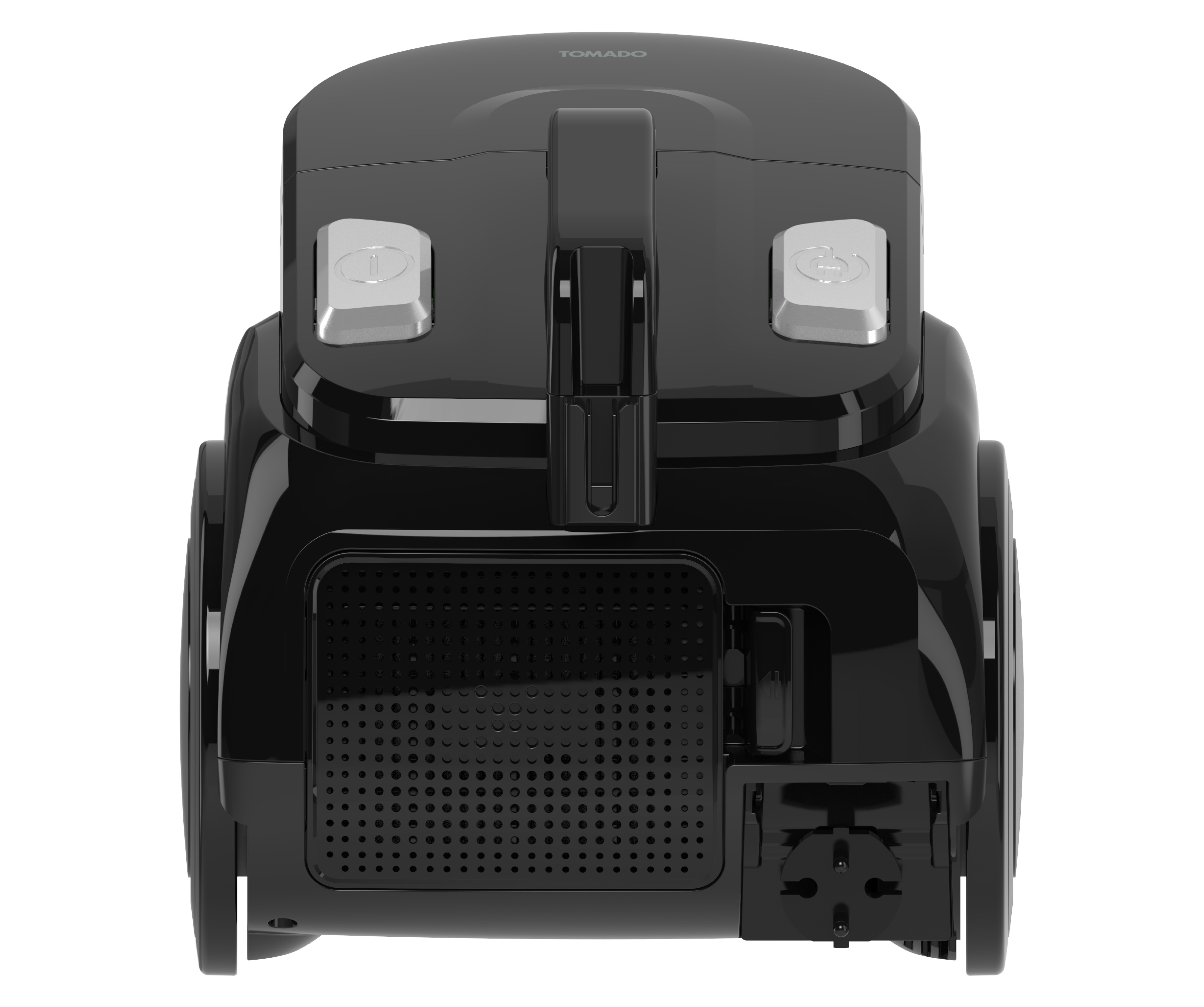 Black vacuum cleaner with a handle and buttons on top. It has a vent and plug at the back.