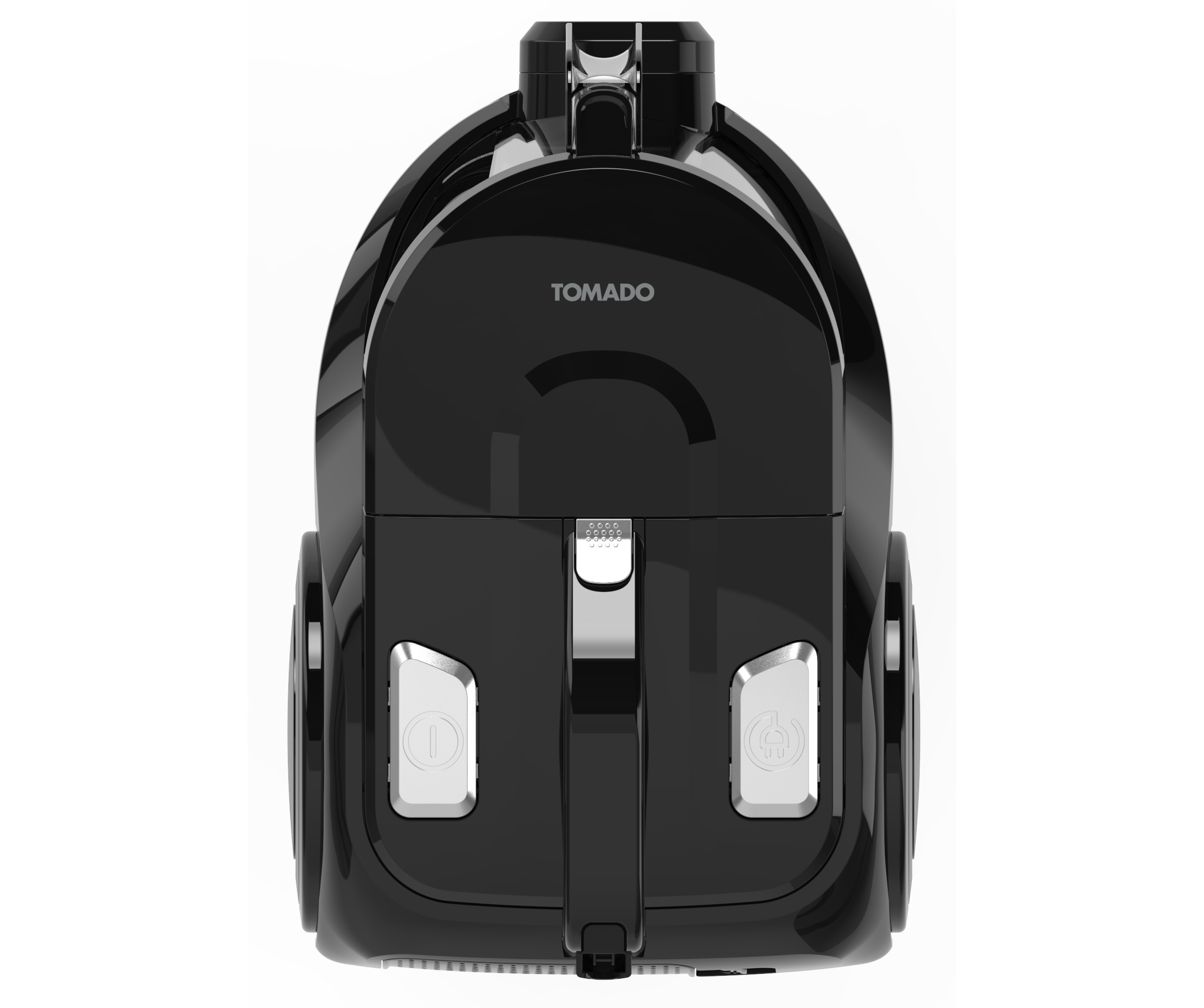 Black vacuum cleaner, top view, with two buttons and the brand name.