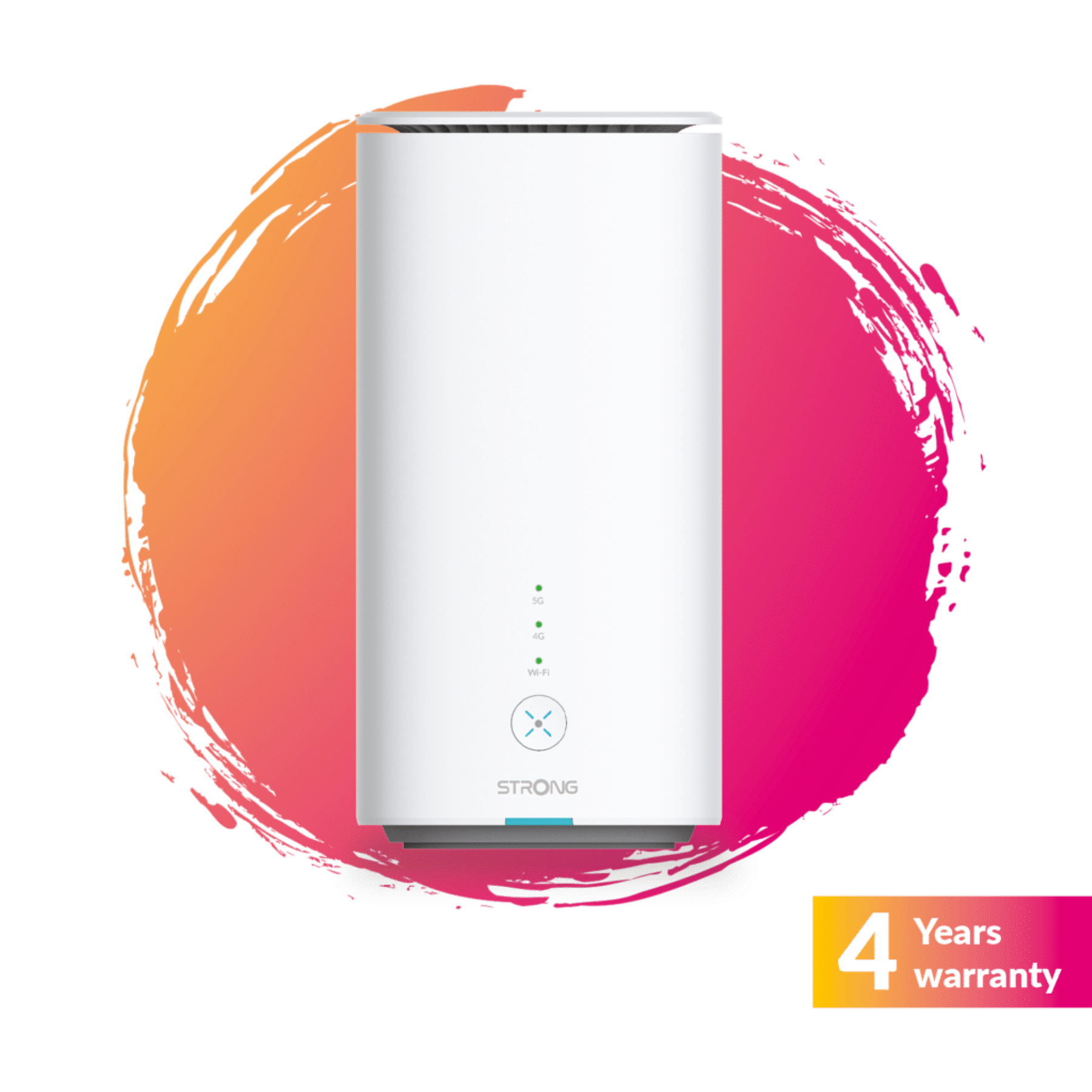 Ein weißer Router mit dem Wort STRONG und einem rosa-orangenen Hintergrund mit 4 Jahren Garantie.