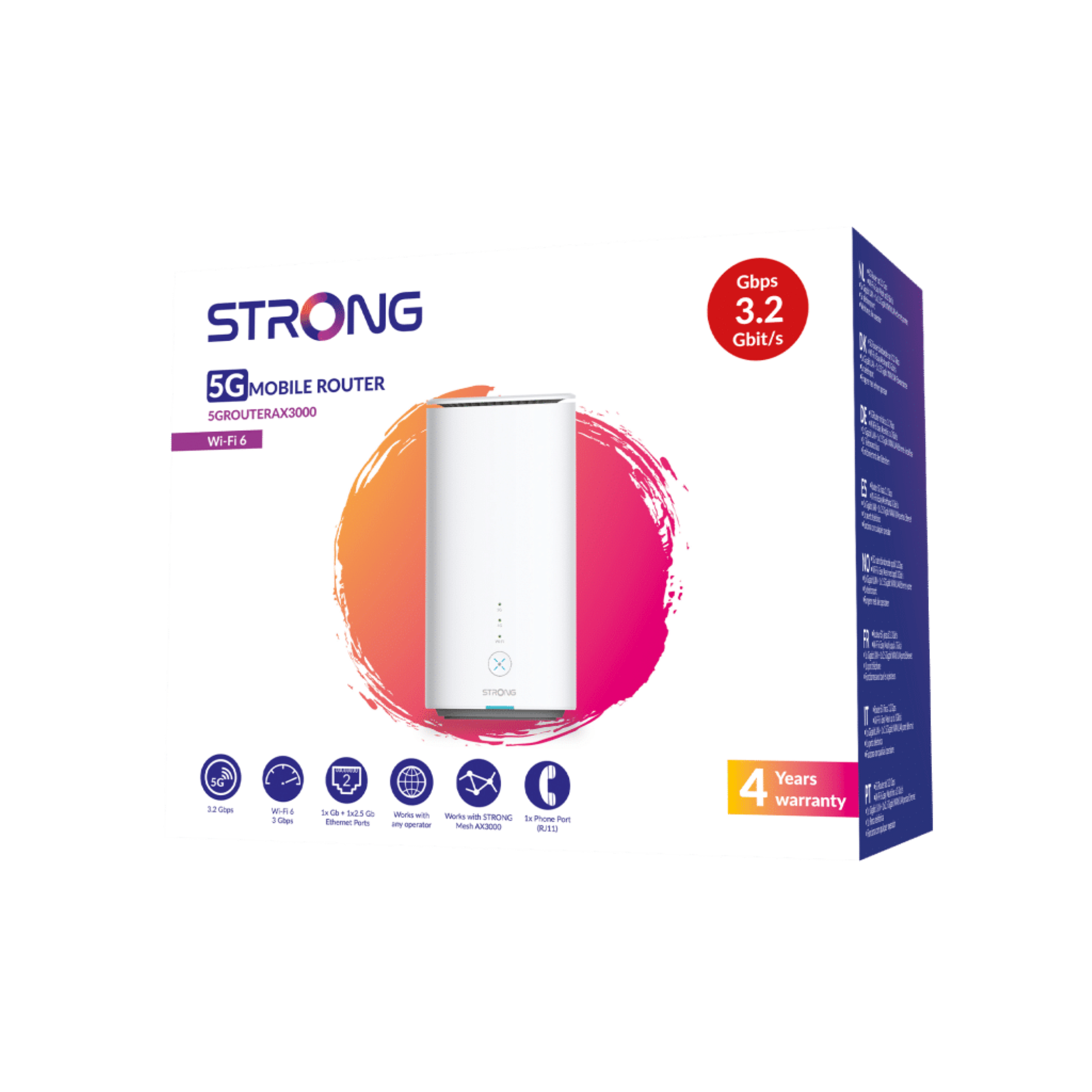 Eine Strong 5G Mobile Router Box auf weißem Hintergrund.