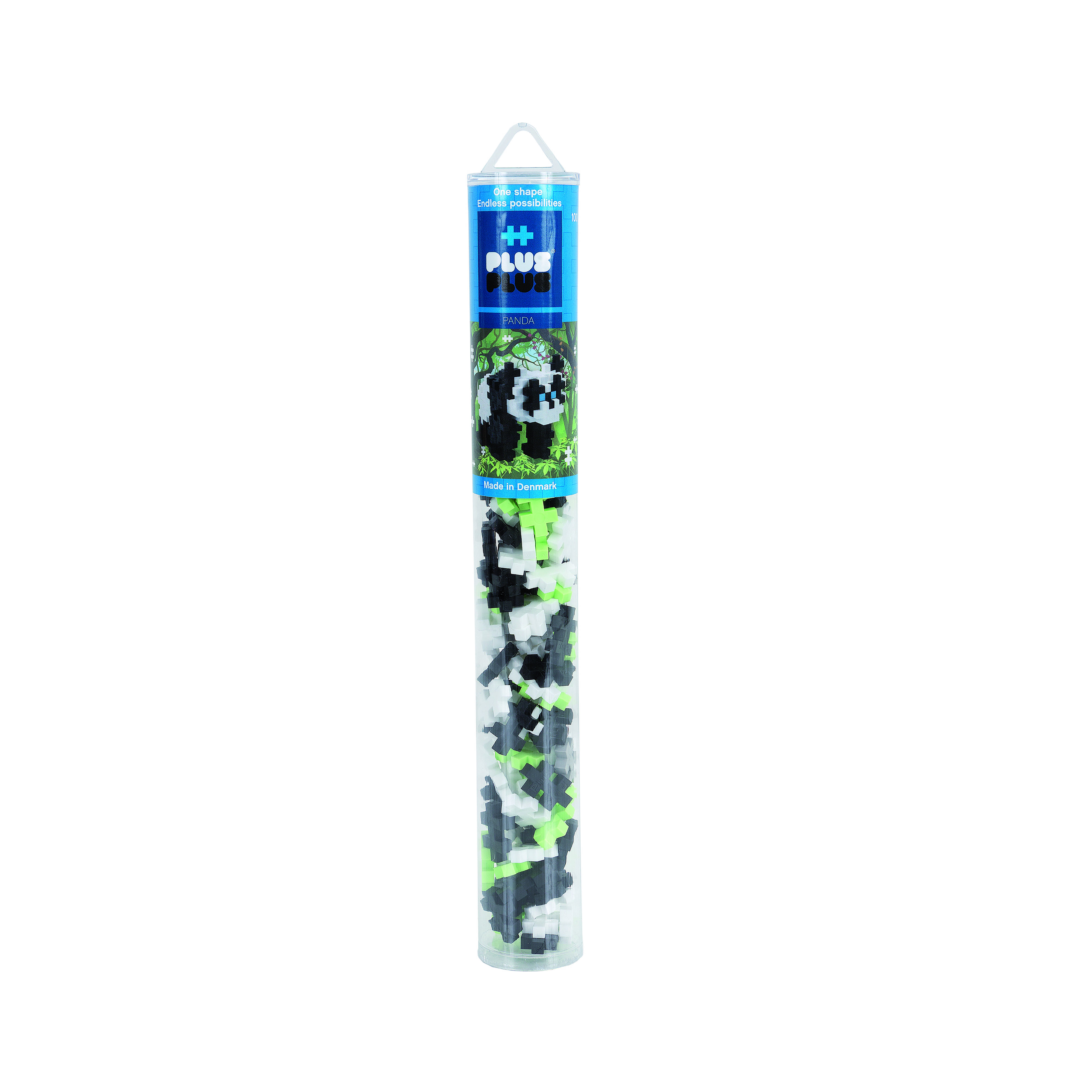 Un tubo di blocchi Plus-Plus con un panda sull'etichetta. Il tubo contiene blocchi.