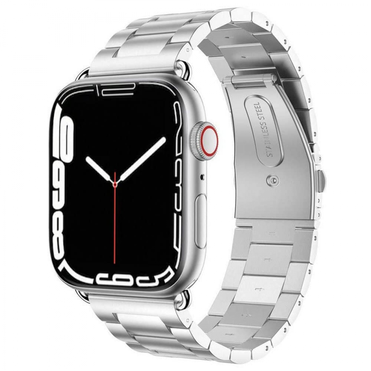Eine silberne Smartwatch mit schwarzem Bildschirm und Metallarmband.