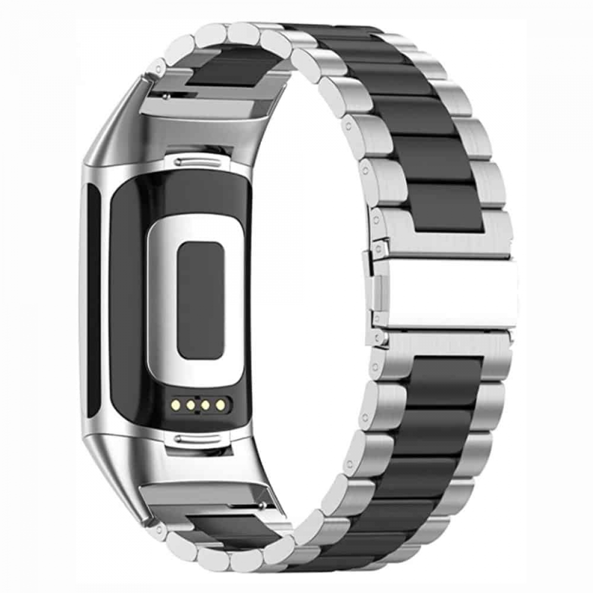 Ein silbernes und schwarzes Uhrenarmband, abgenommen, mit Verschluss und Smartwatch.