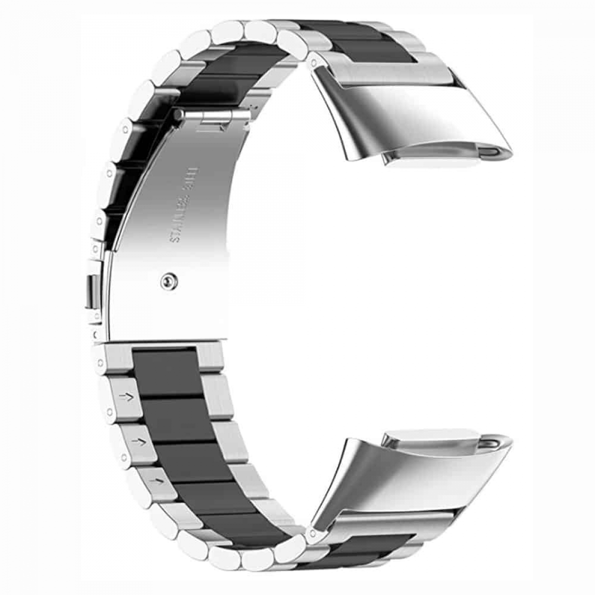 Ein silbernes und schwarzes Uhrenarmband. Das Band besteht aus Metall und schwarzem Gummi.
