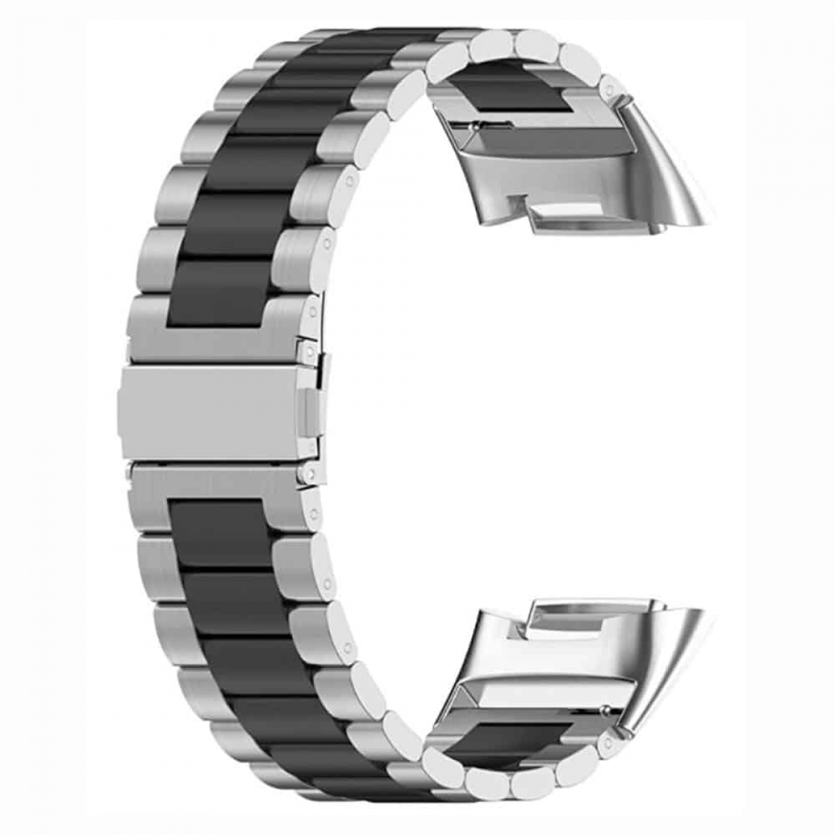 Silbernes und schwarzes Uhrenarmband. Das Band besteht aus Metall und schwarzem Gummi.