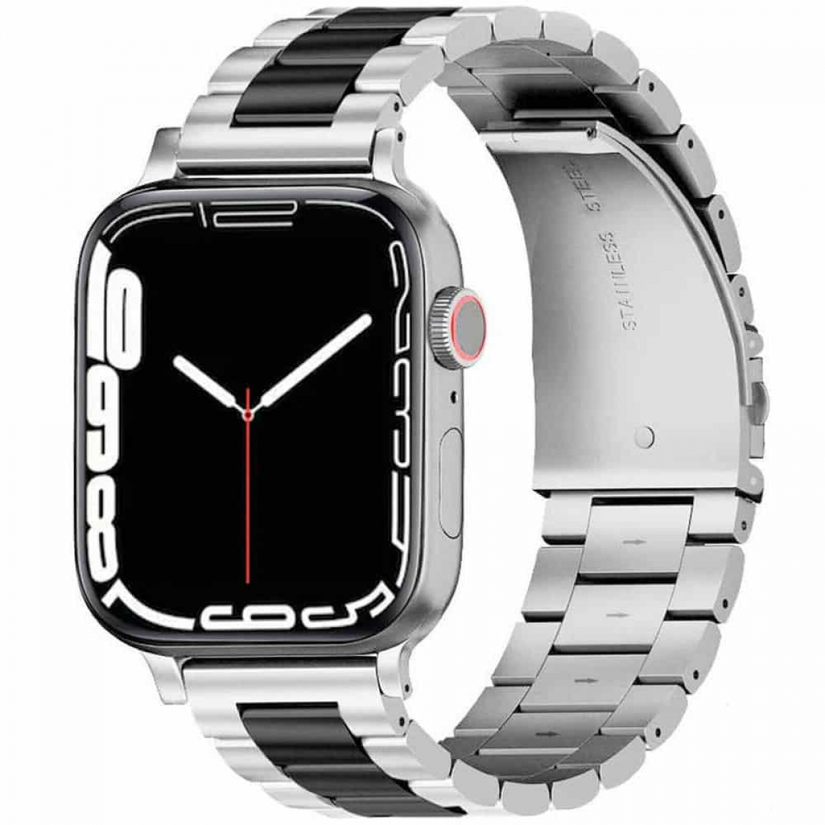 Silbernes Smartwatch-Armband mit schwarzen Details und schwarzer Smartwatch.