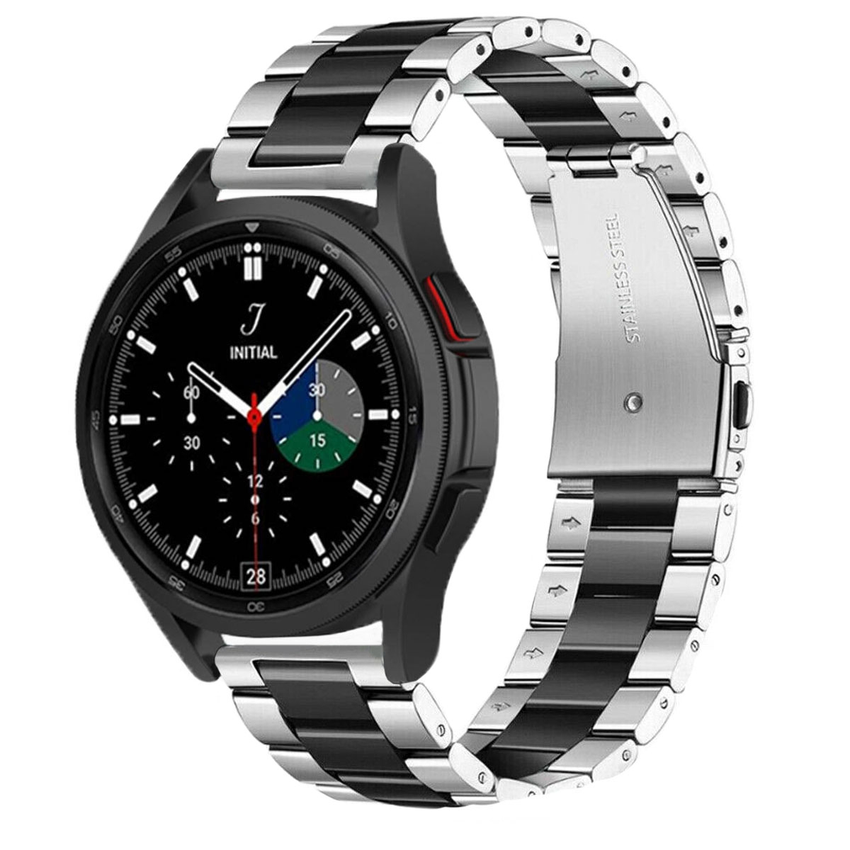 Schwarze und silberne Smartwatch mit Metallarmband und rundem schwarzem Zifferblatt.