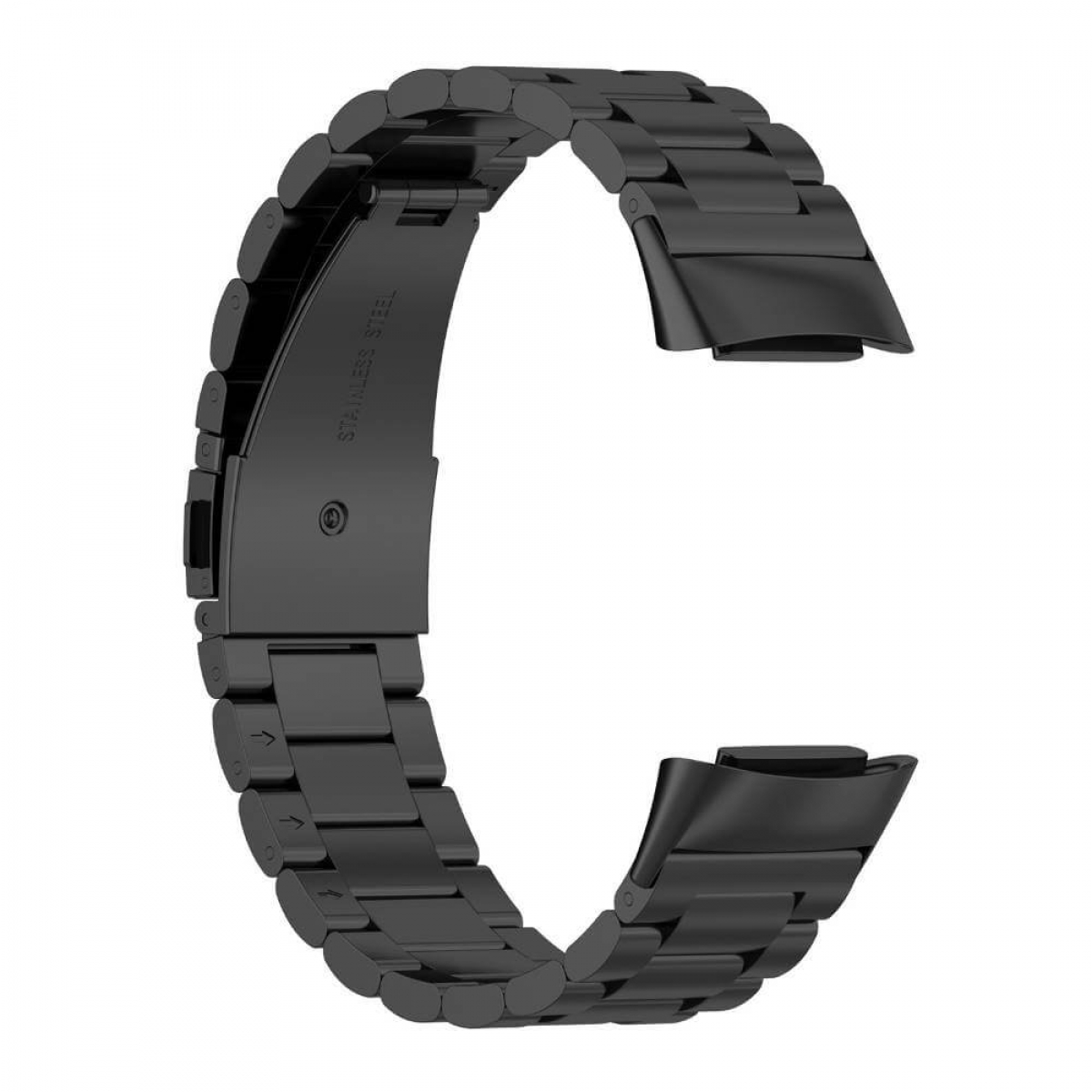 Schwarzes Edelstahl-Uhrenarmband mit Verschluss, auf weißem Hintergrund.
