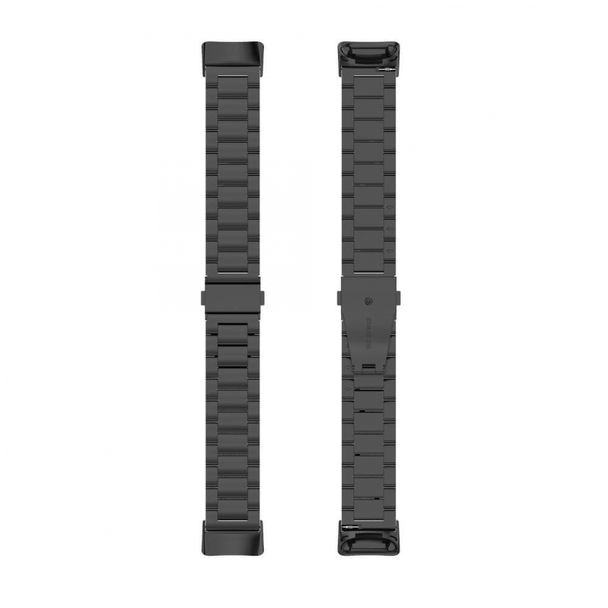 Zwei schwarze Uhrenarmbänder auf weißer Oberfläche. Jedes Band besteht aus Metallgliedern.