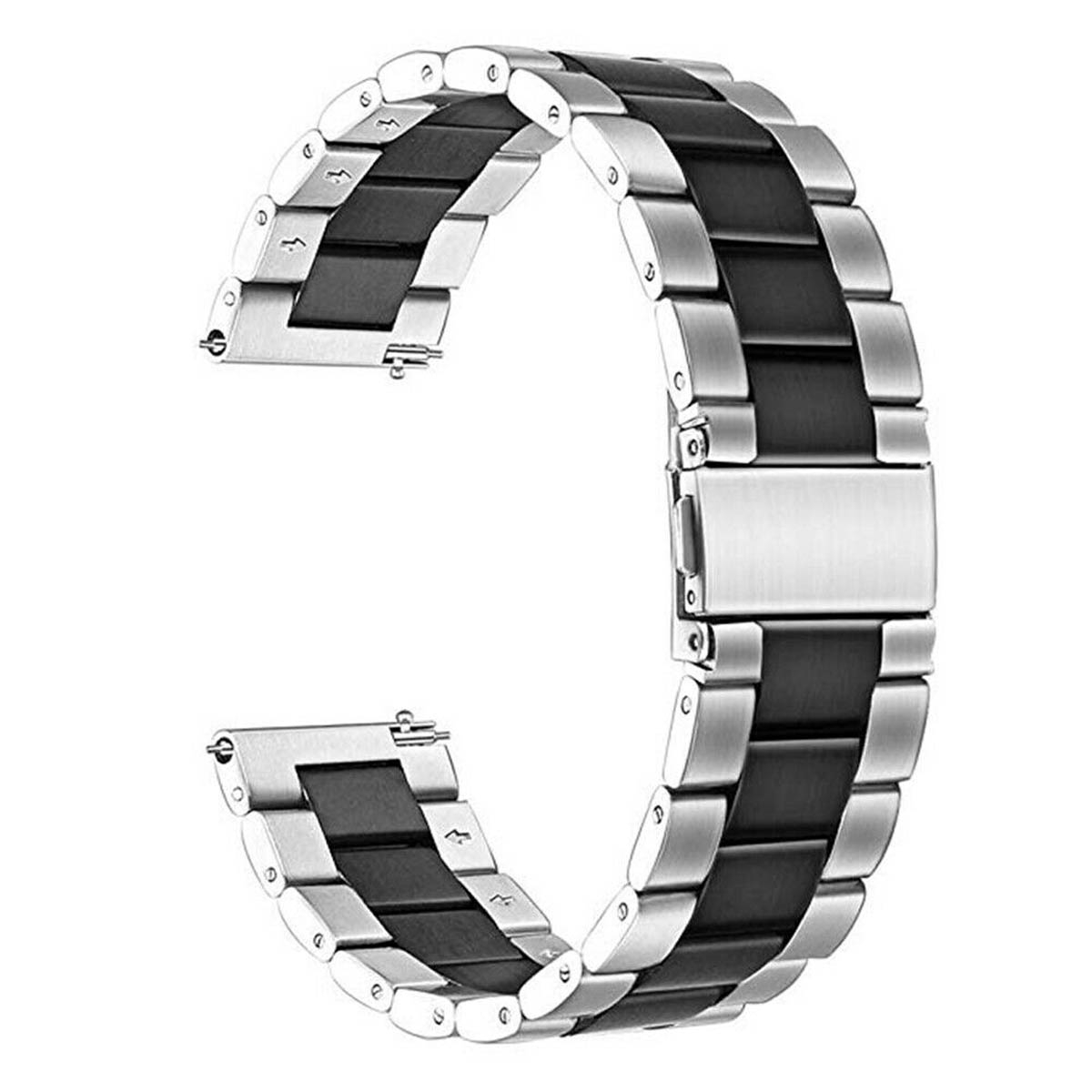 Ein silbernes und schwarzes Uhrenarmband mit einem Verschluss.