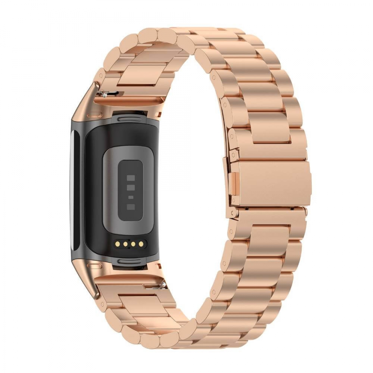 Roségoldfarbenes Metall-Uhrenarmband mit Fitnesstracker. Weißer Hintergrund.