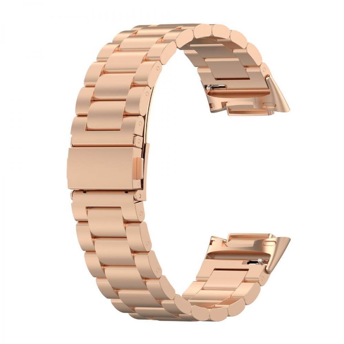 Roségoldenes Uhrenarmband mit Schnalle, in C-Form, auf weißem Hintergrund.