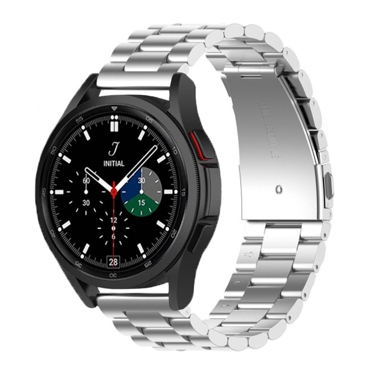 Schwarze Smartwatch mit silbernem Armband, zeigt Zifferblatt.