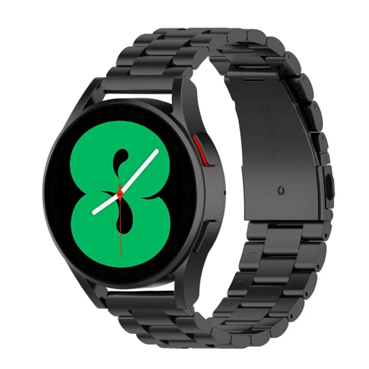 Schwarze Smartwatch mit grünem Zifferblatt und schwarzem Metallarmband.