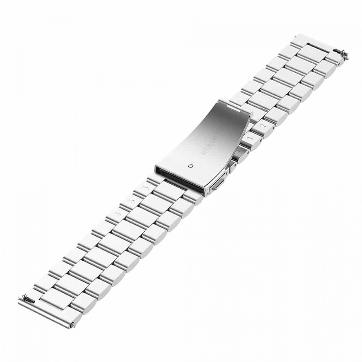 Silbernes Uhrenarmband. Das Band besteht aus Metall mit einem Faltverschluss.