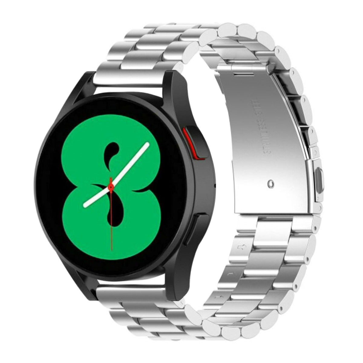 Eine Smartwatch mit grünem Bildschirm und einem silbernen Metall-Armband.