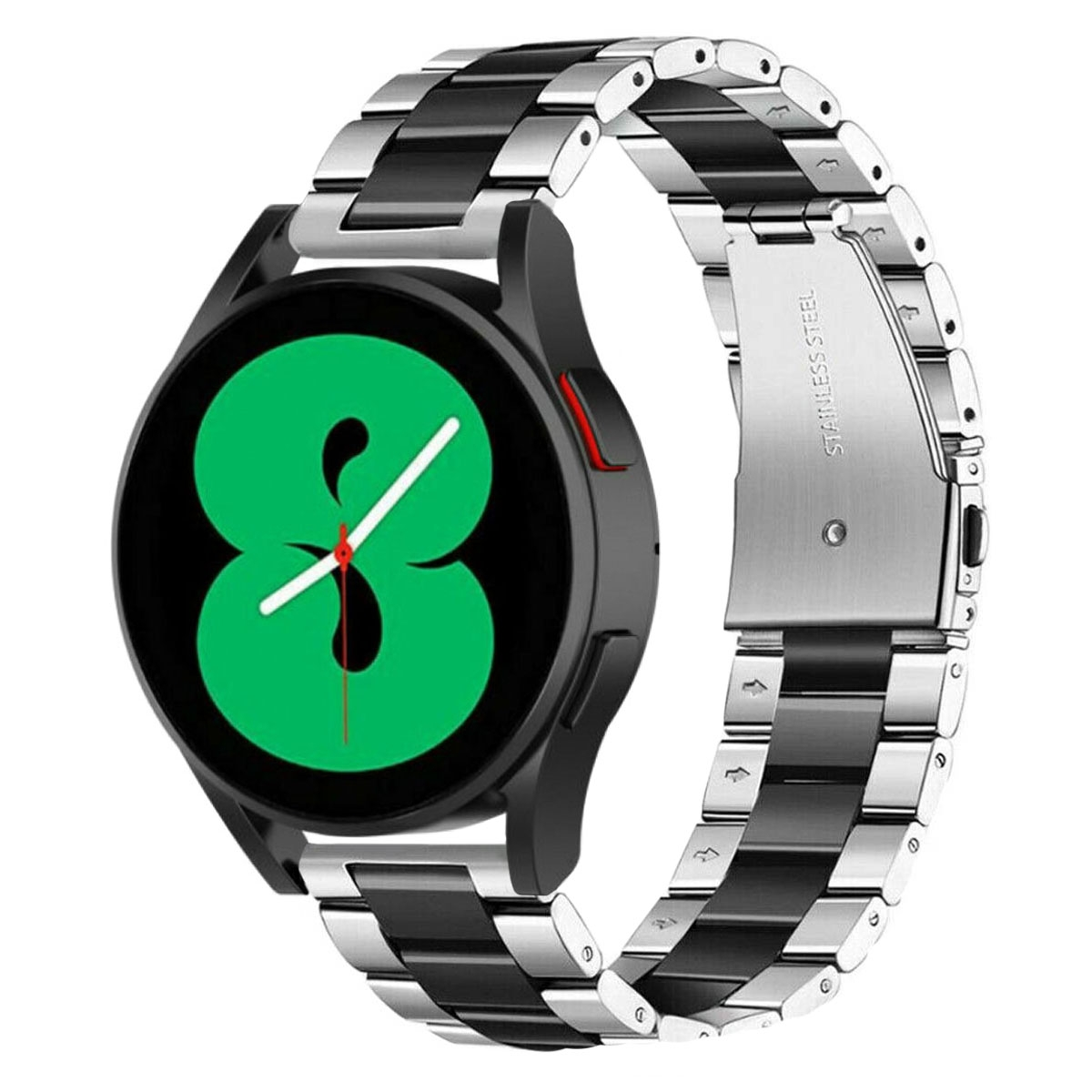 Schwarze und silberne Smartwatch mit grünem Display, Edelstahlband und Verschluss.