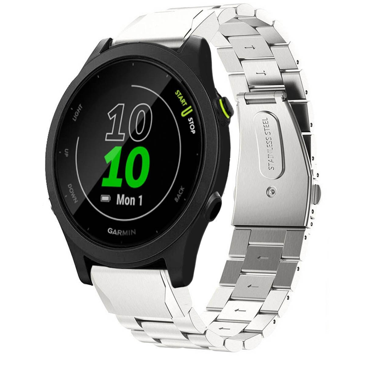Eine schwarze Smartwatch mit silbernem Armband. Die Uhr zeigt die Uhrzeit an und das Wort 'Garmin' ist sichtbar.