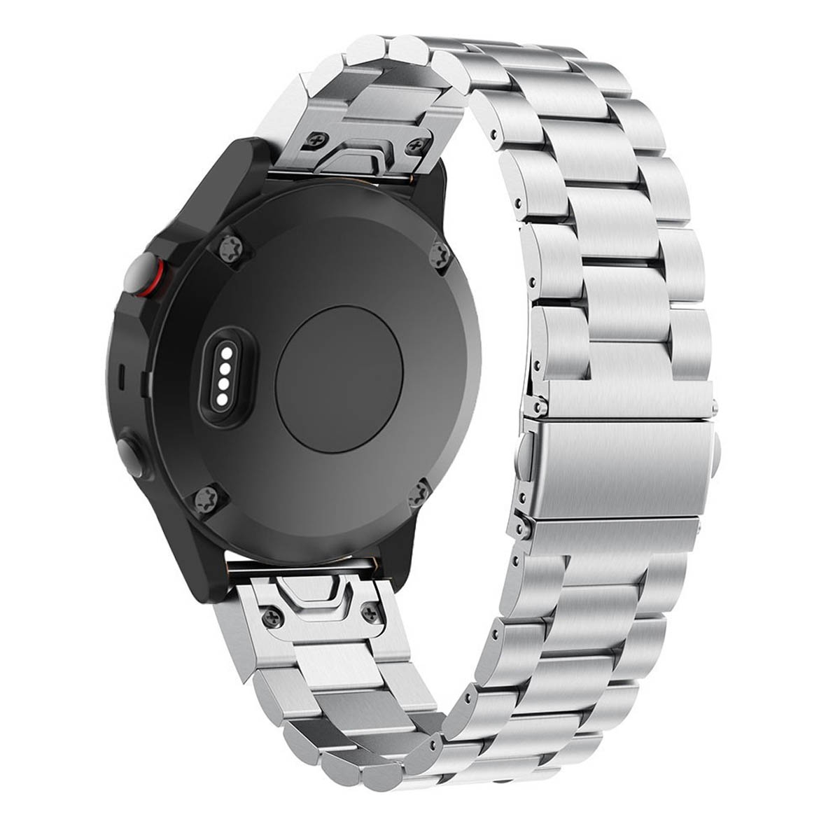 Silbernes Metall-Uhrenarmband an einer schwarzen Smartwatch.