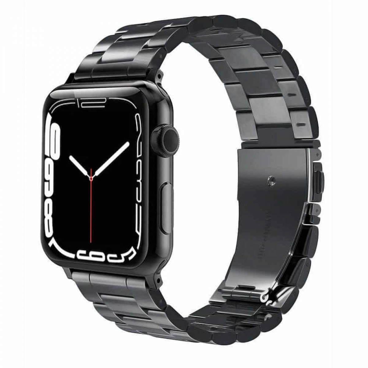 Schwarze Smartwatch mit schwarzem Metallarmband. Der Bildschirm zeigt Zeit.