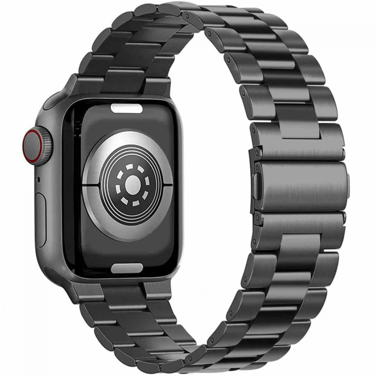 Eine Apple Watch mit einem schwarzen Metallarmband. Das Zifferblatt ist zu sehen und hat einen roten Punkt an der Seite.