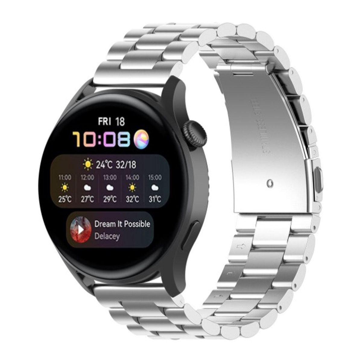Silberne Smartwatch mit schwarzem Bildschirm, der Zeit und Wetter zeigt.