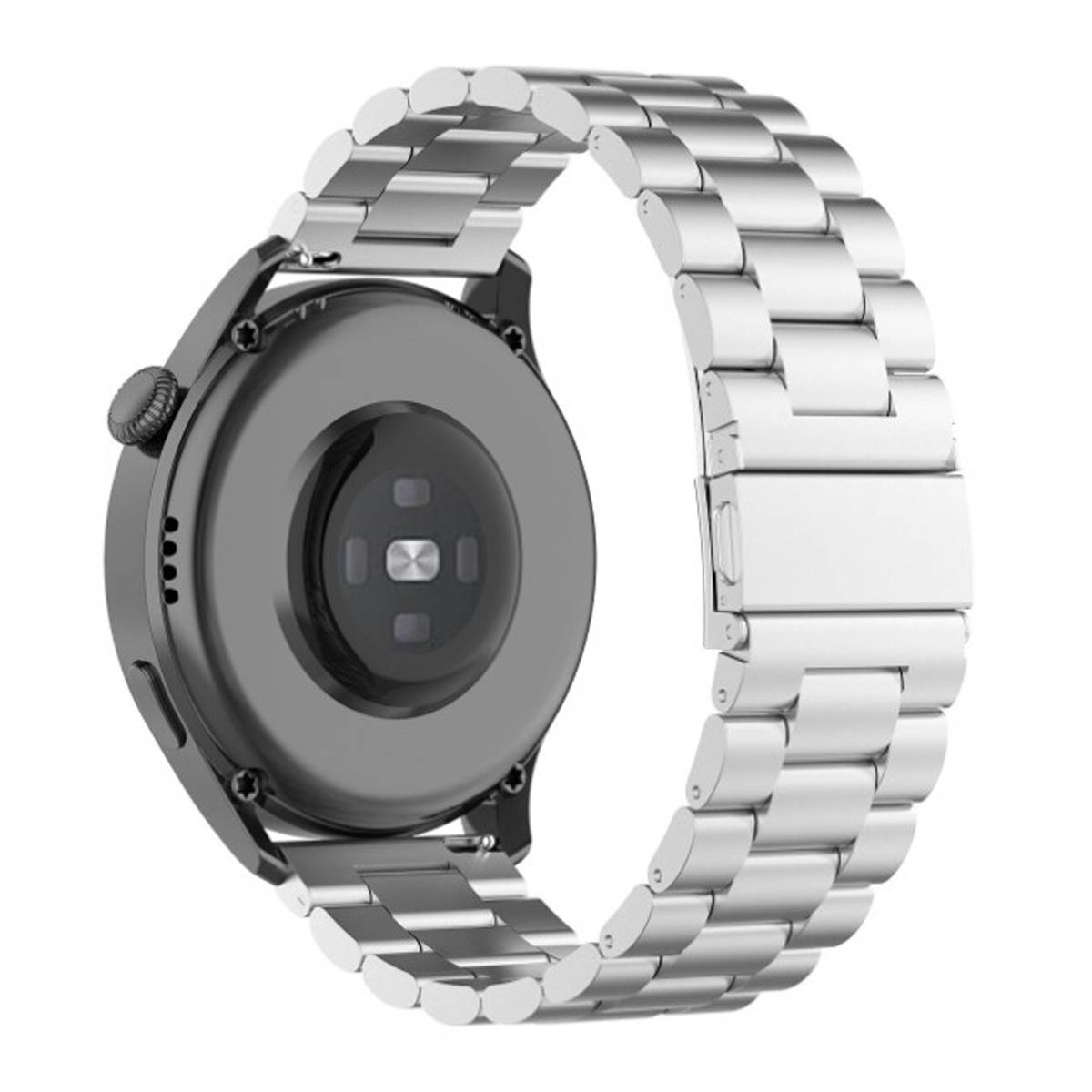 Schwarze Smartwatch mit silbernem Armband, zeigt die Rückseite.