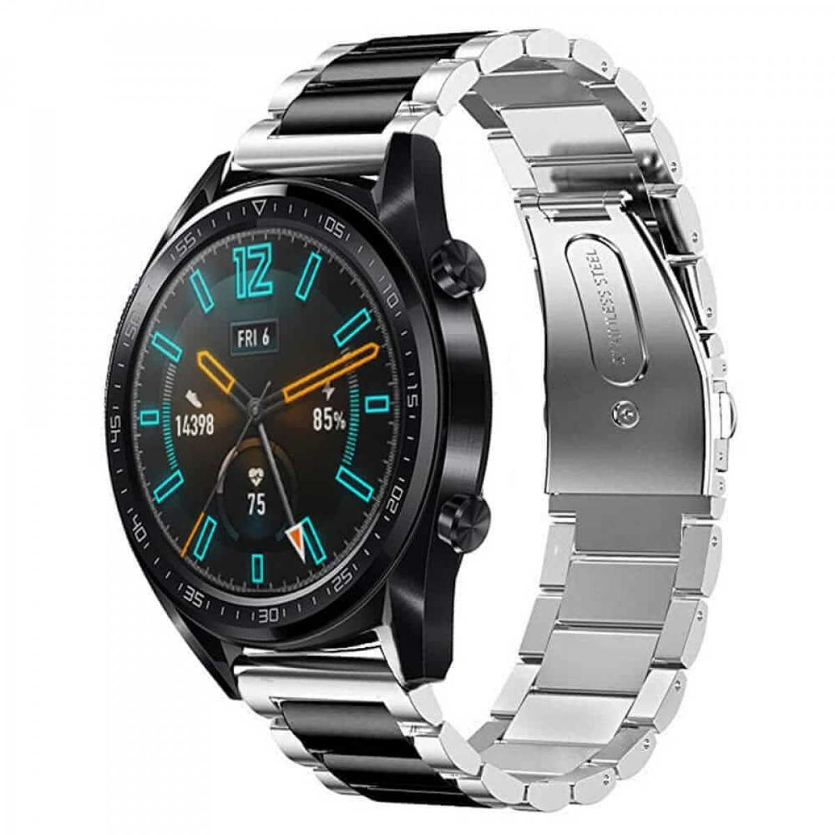 Schwarze Smartwatch mit silbernem Armband, zeigt Zeit und Statistiken, isoliert auf Weiß.