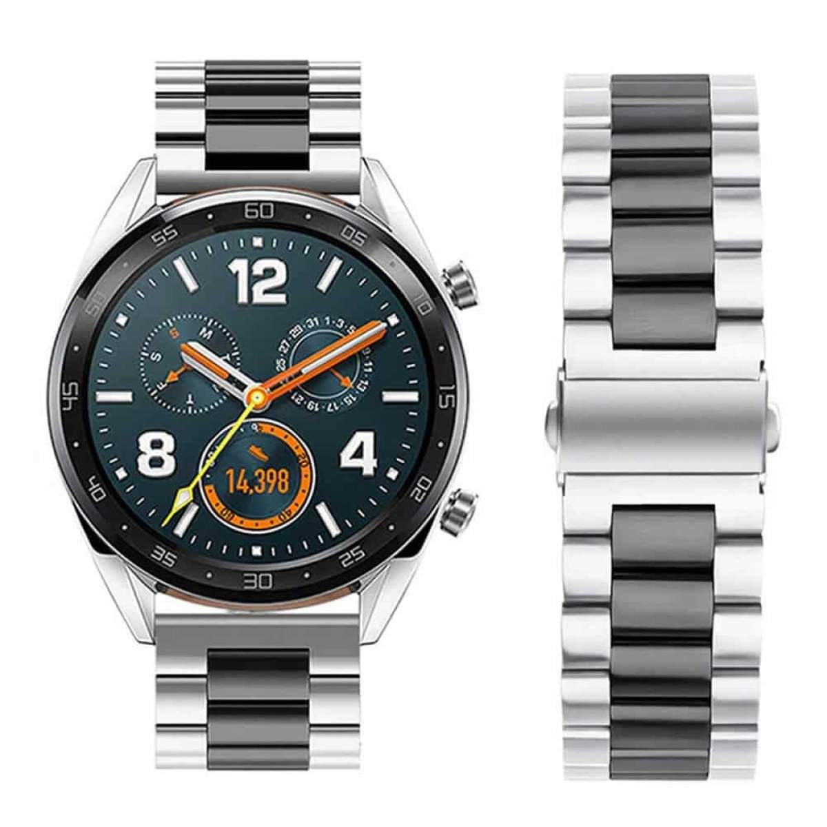 Eine Smartwatch mit dunkelgrünem Bildschirm, silbernem Gehäuse und silber-schwarzem Armband.
