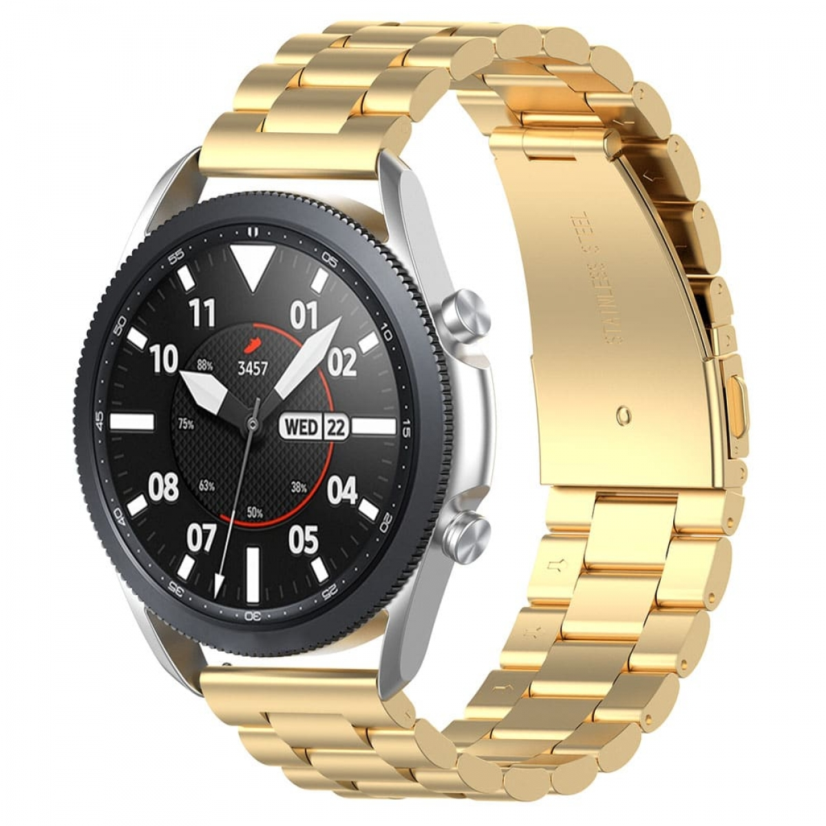 Goldene Uhr mit goldenem Armband, zeigt Zeit und Datum.