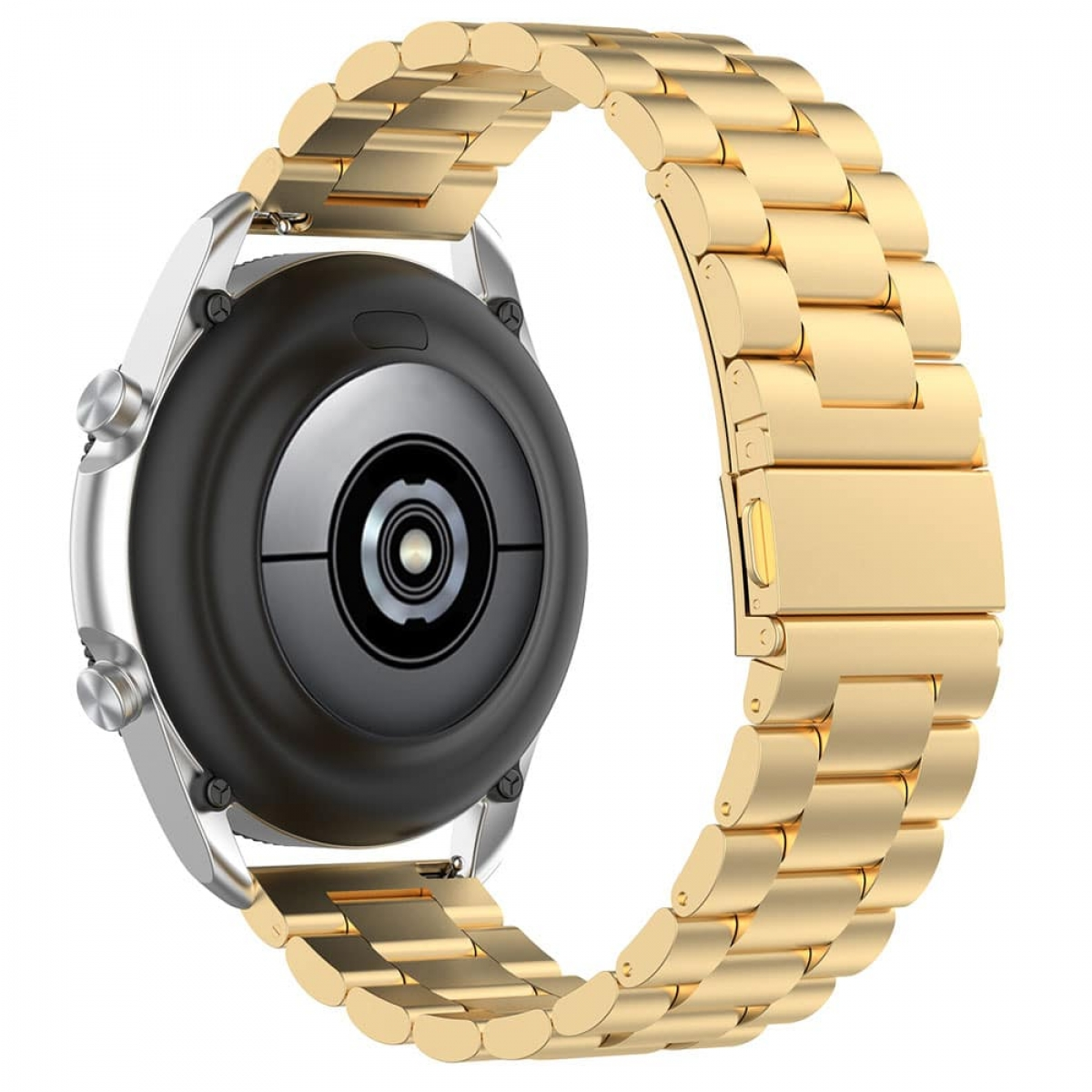Uhr mit goldenem Metallarmband, Rückseite sichtbar, zeigt Sensor und Details.