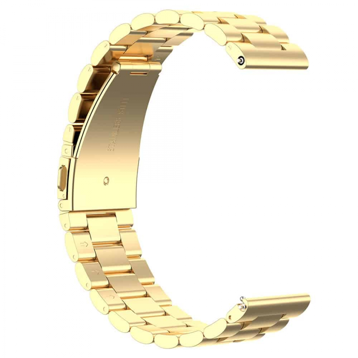 Ein goldenes Edelstahl-Uhrenarmband mit C-förmigem Design.