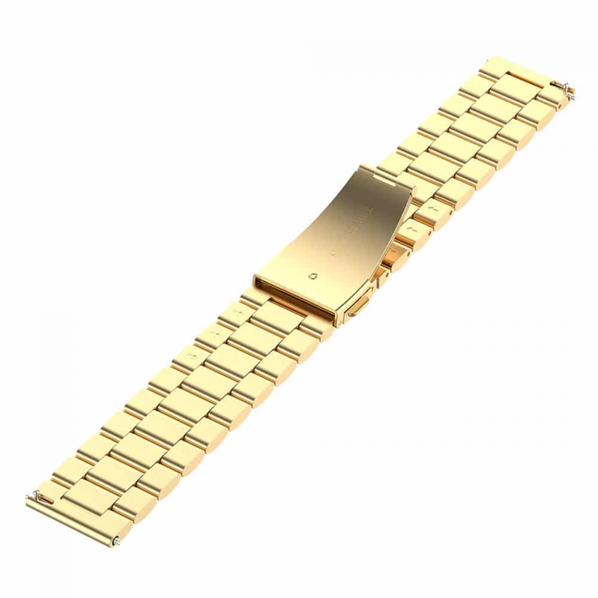 Goldfarbenes Uhrenarmband mit Faltschließe, schräge Ansicht, gut beleuchtet.