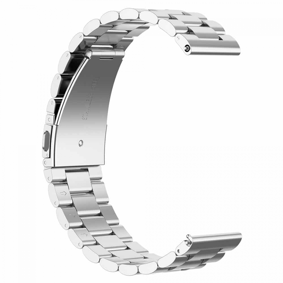 Silbernes Uhrenarmband, gebogen, mit Gliedern und Verschluss, weißer Hintergrund.