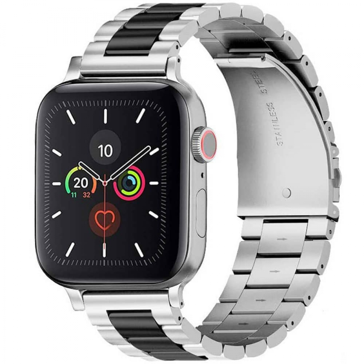 Silberne Apple Watch mit schwarzem und silbernem Armband. Das Zifferblatt zeigt Zeit und App-Symbole.