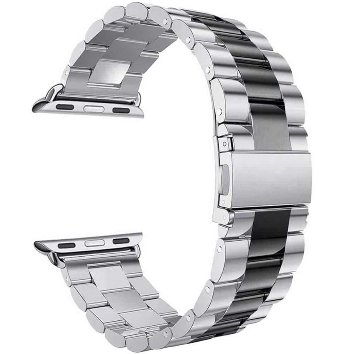 Ein silbernes Edelstahl-Uhrenarmband mit Verschluss. Das Armband besteht aus mehreren verbundenen Gliedern.