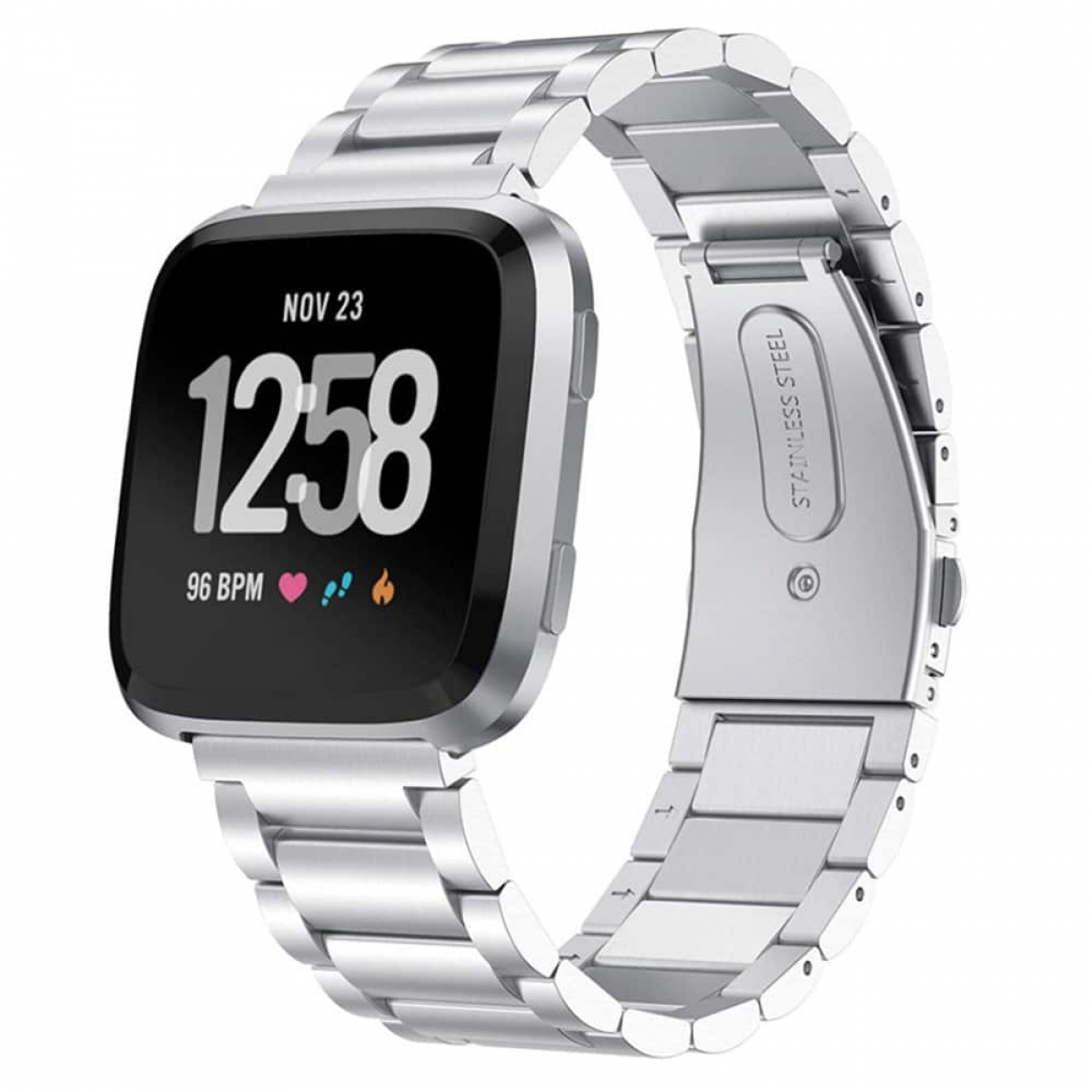Silberne Smartwatch mit schwarzem Bildschirm, der Zeit und Statistiken anzeigt, mit Metallband.