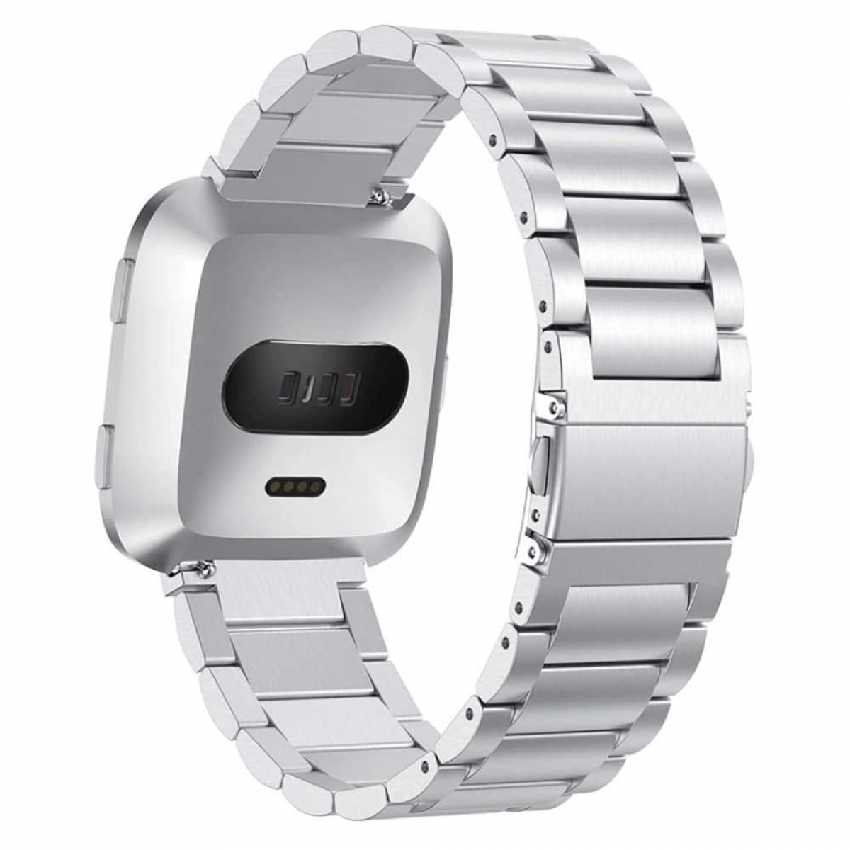 Silbernes Smartwatch-Armband, Rückansicht, mit Sensoren, auf weißem Hintergrund.