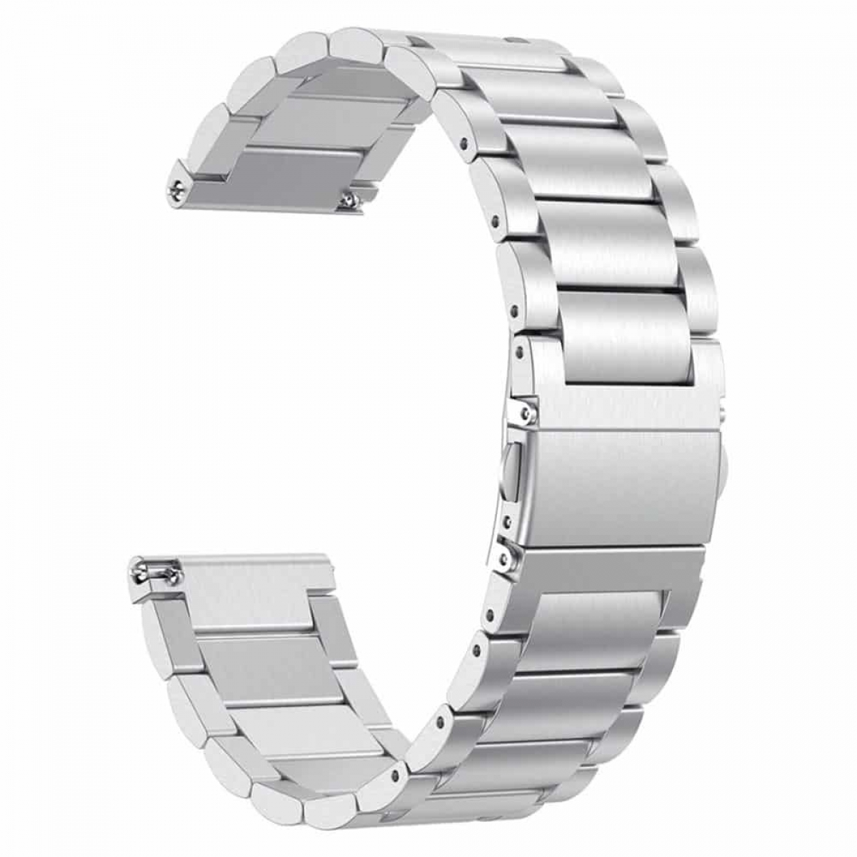Silbernes Uhrenarmband. Das Armband besteht aus mehreren verbundenen Metallgliedern.