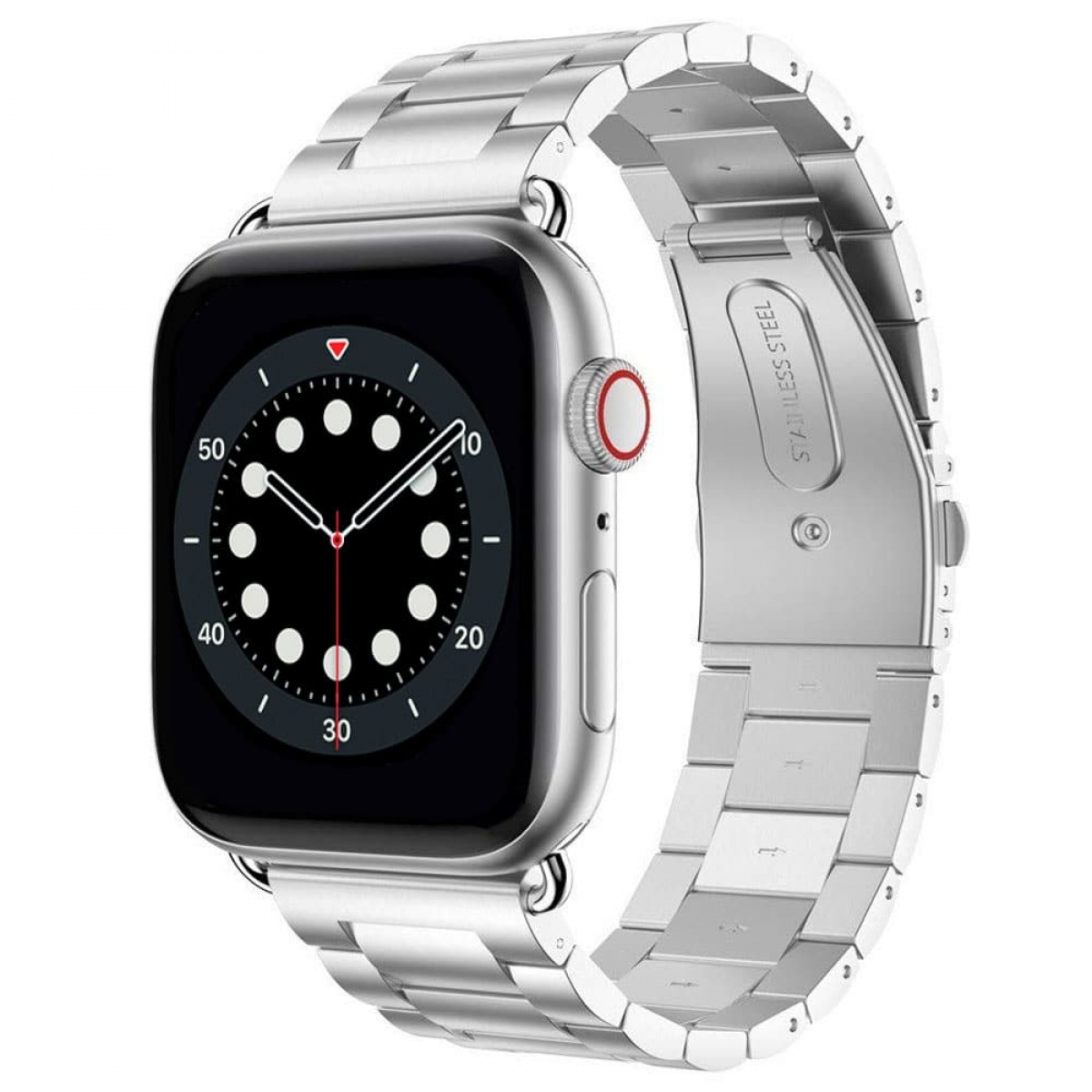 Silberne Smartwatch mit silbernem Metallarmband. Die Uhr befindet sich auf weißem Hintergrund.