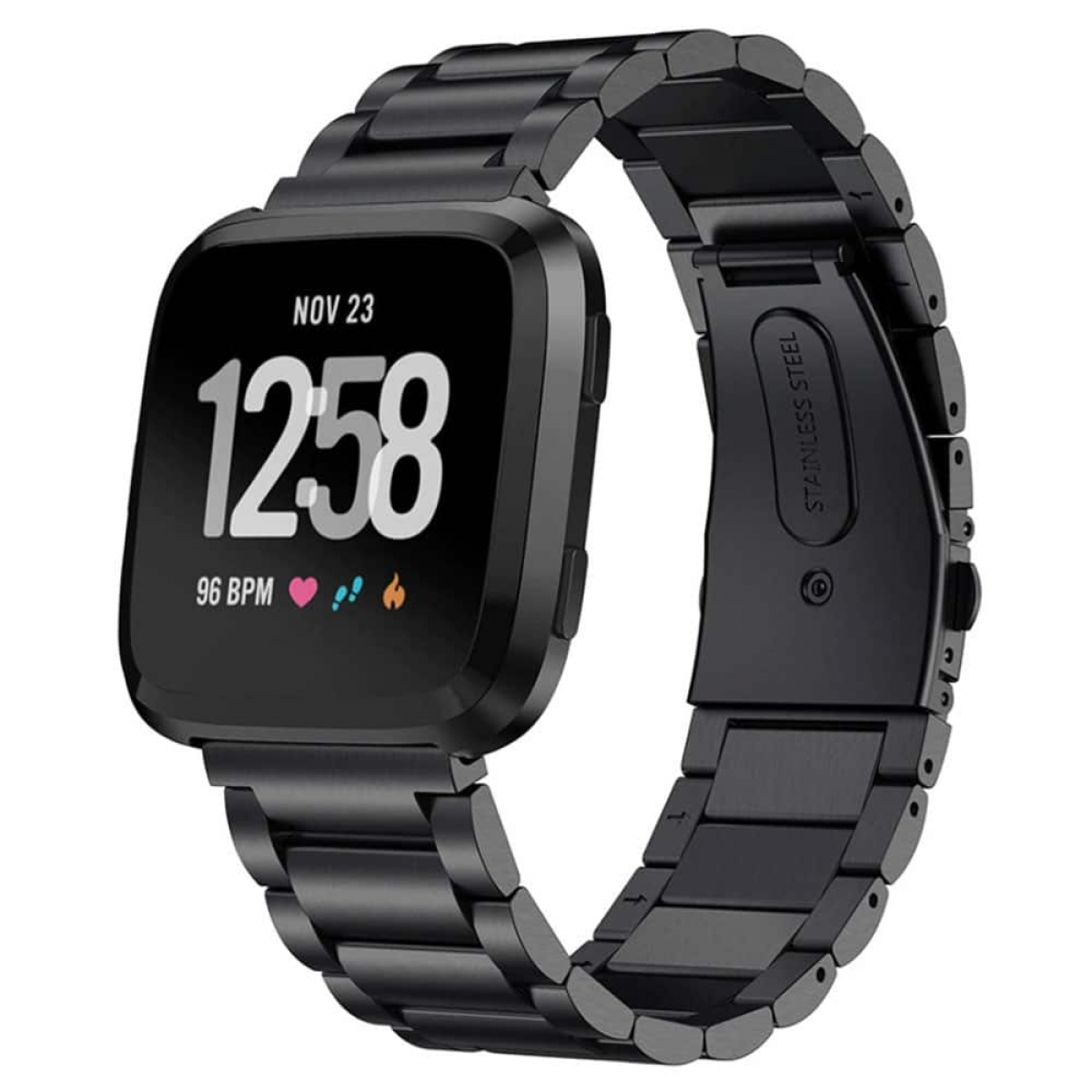 Schwarze Smartwatch mit schwarzem Metallarmband, zeigt Zeit, Herzfrequenz und Gesundheitsdaten.