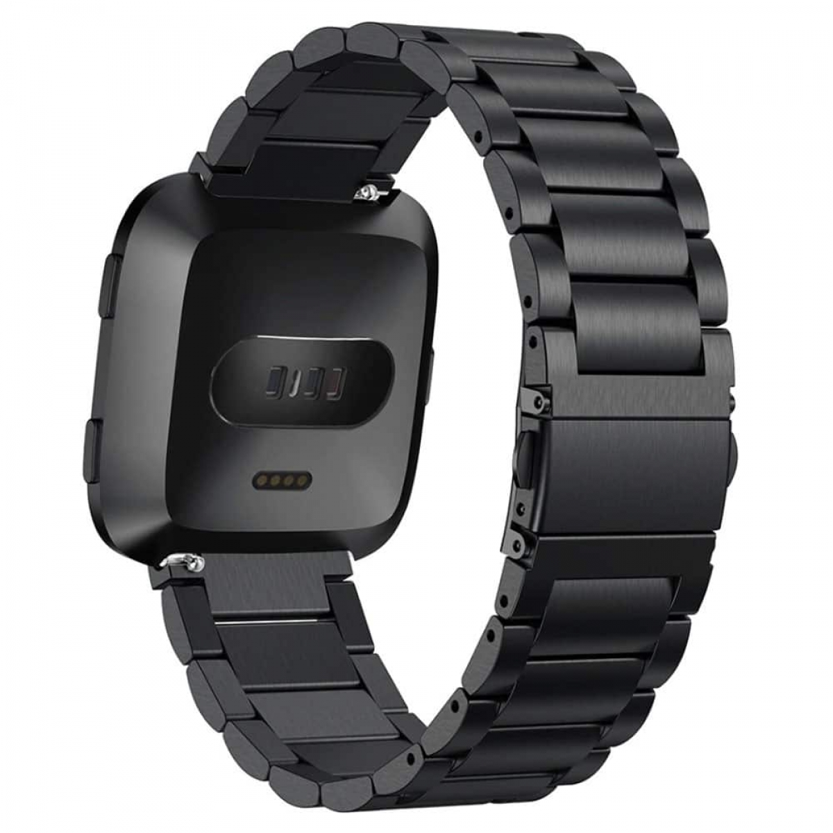 Eine schwarze Smartwatch mit schwarzem Metallarmband. Die Uhr zeigt die Unterseite mit Sensoren.