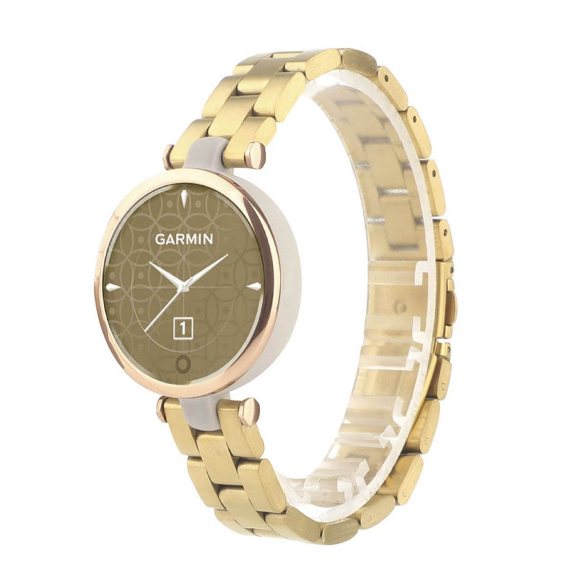 Eine goldene Garmin-Uhr mit rundem Zifferblatt, goldenem Armband und der Zahl '1'.