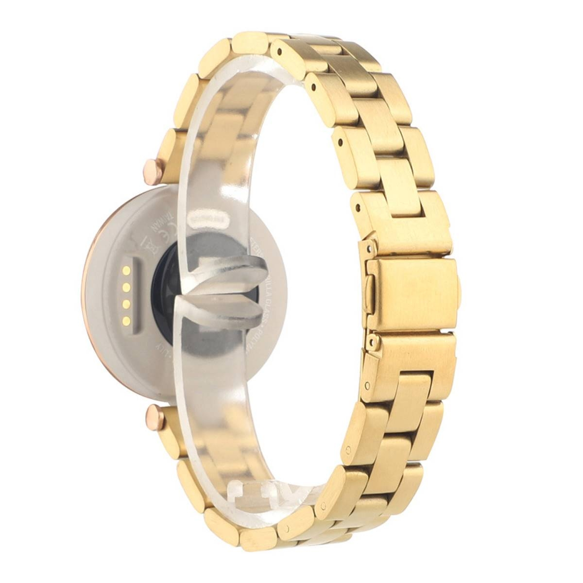 Eine goldene Uhr mit passendem goldenem Armband, auf Glas ausgestellt.