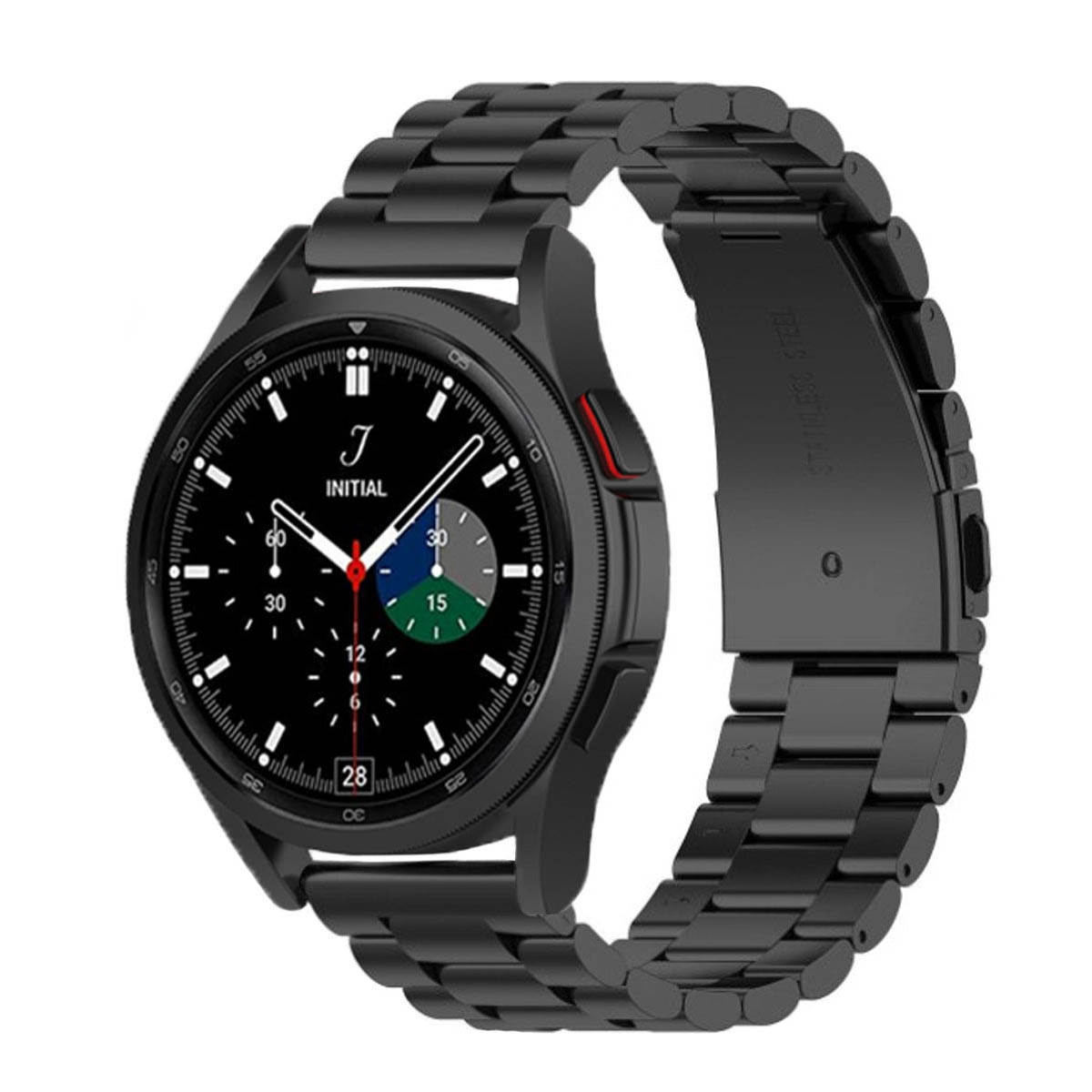 Schwarze Smartwatch mit schwarzem Armband, Zifferblatt, auf Weiß.
