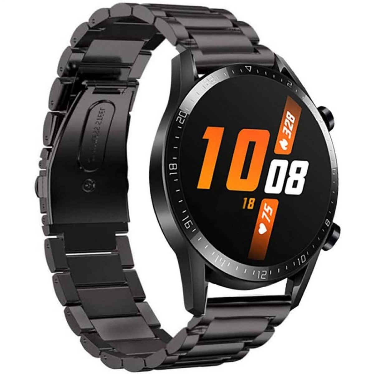 Schwarze Smartwatch mit Metallarmband, zeigt Uhrzeit und Herzfrequenz auf dem Bildschirm.