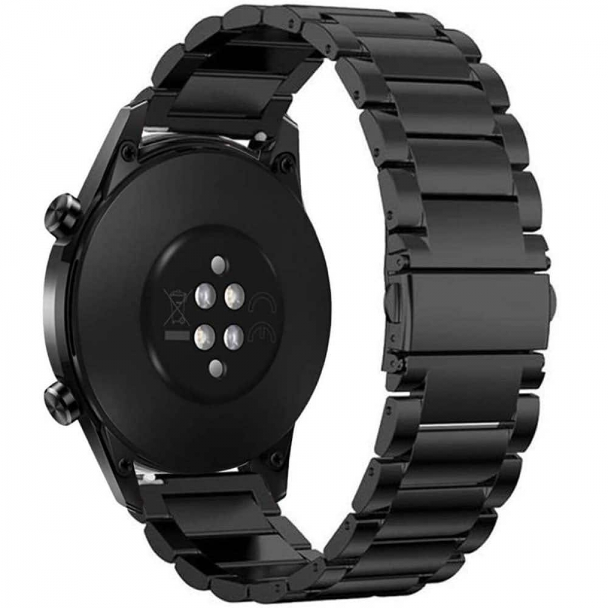 Schwarze Smartwatch mit schwarzem Metallarmband. Die Rückseite der Uhr ist sichtbar. Hintergrund: Weiß.