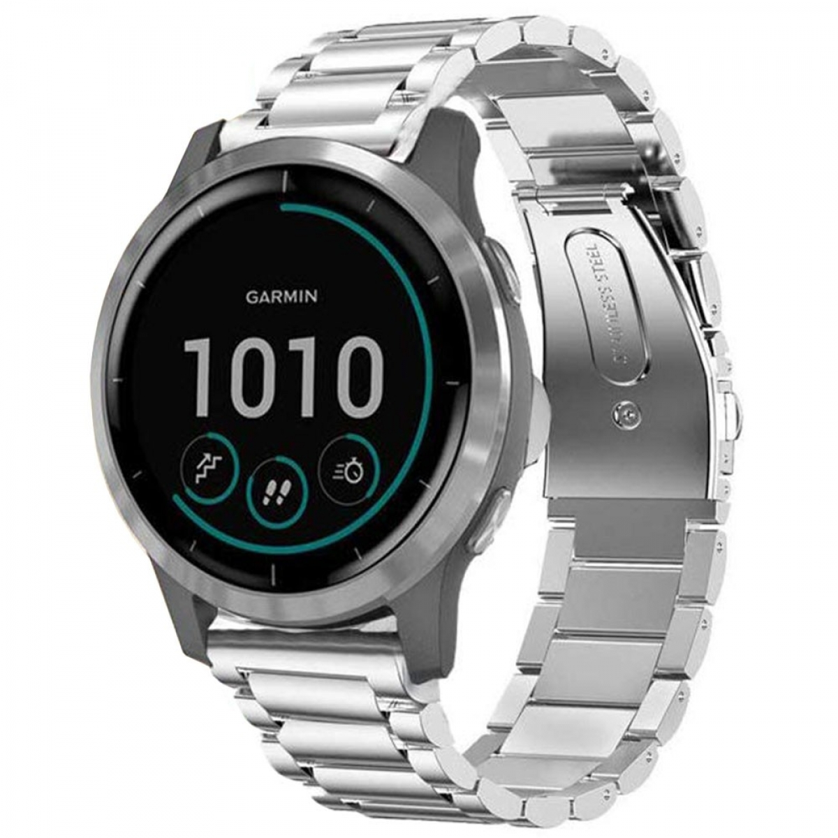 Garmin Smartwatch. Silbernes Metallband, rundes Zifferblatt, digitale Anzeige.