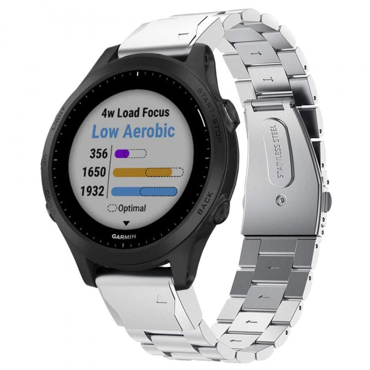 Eine schwarz-silberne Smartwatch mit weißem Armband, die Trainingsdaten anzeigt.